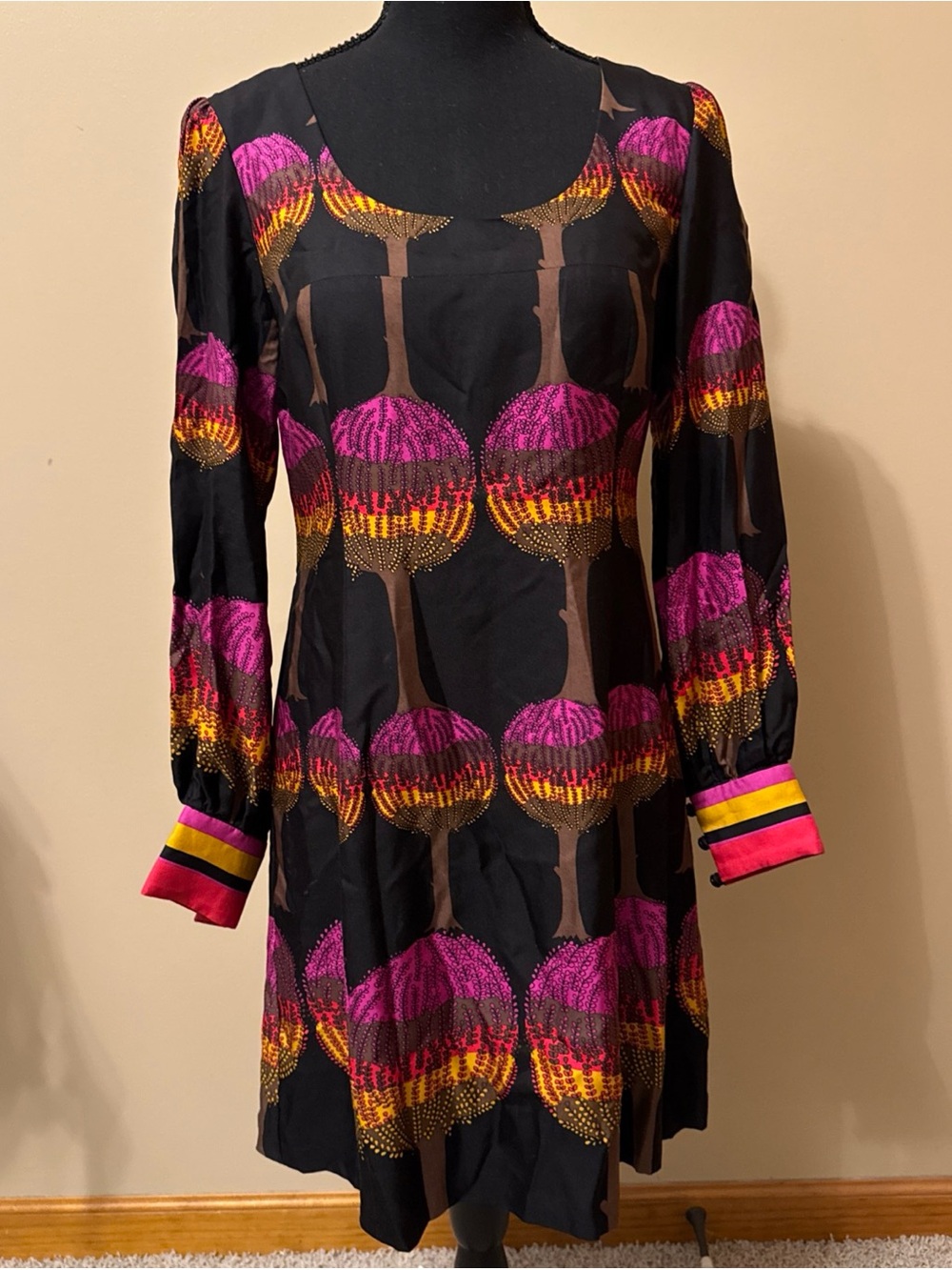 Tibi Black Long-Sleeve Dress with Pink and Yellow Graphic Tree Print
